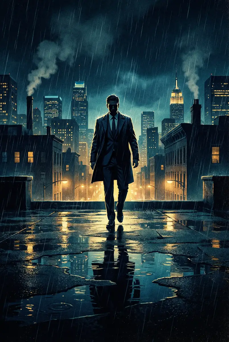 吃 出品影片《雨夜独行者》海报，雨中城市屋顶男性剪影